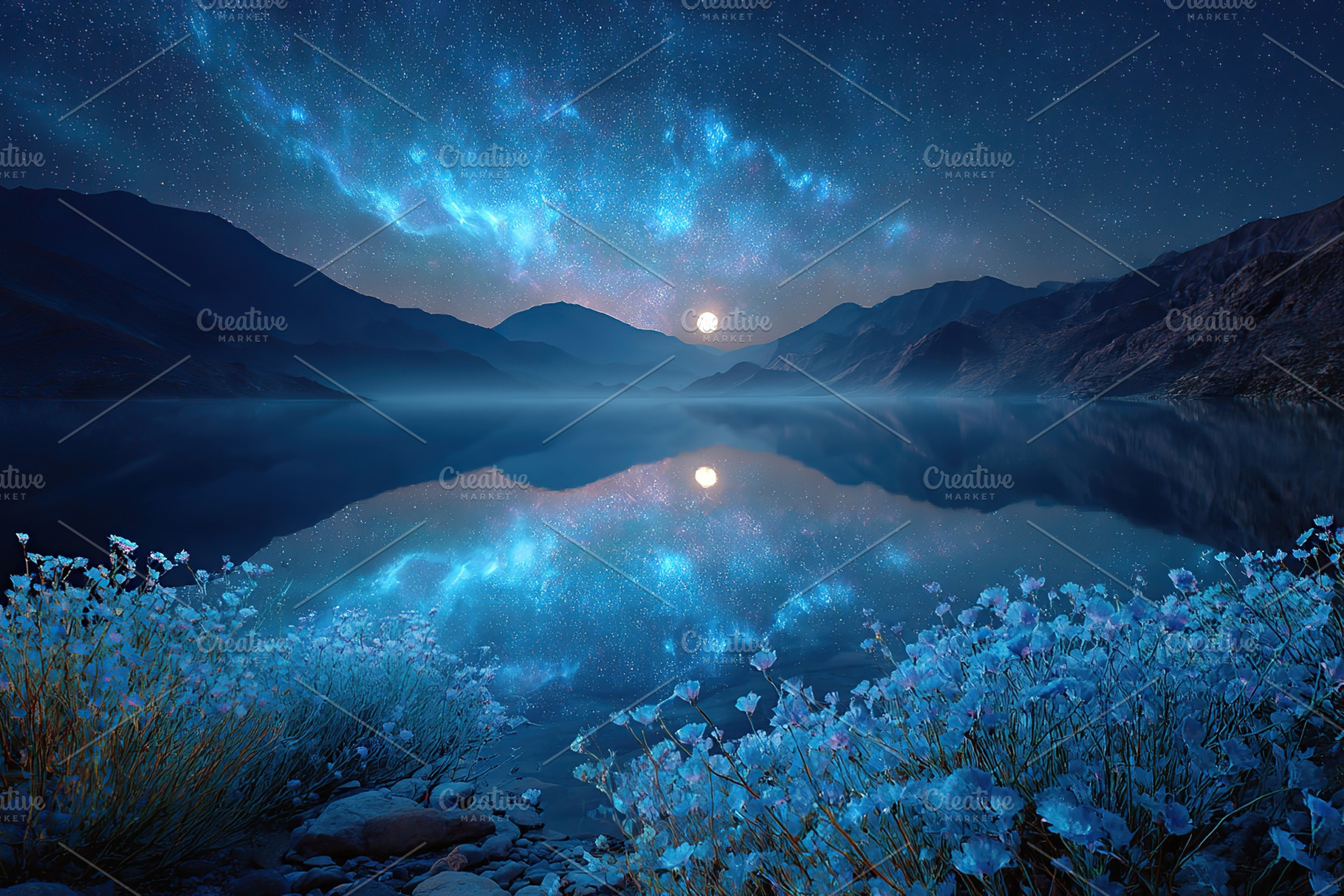 Moonlit lake reflecting night sky and flowers in a tranquil mountain setting, a Photo by AlyaAnd