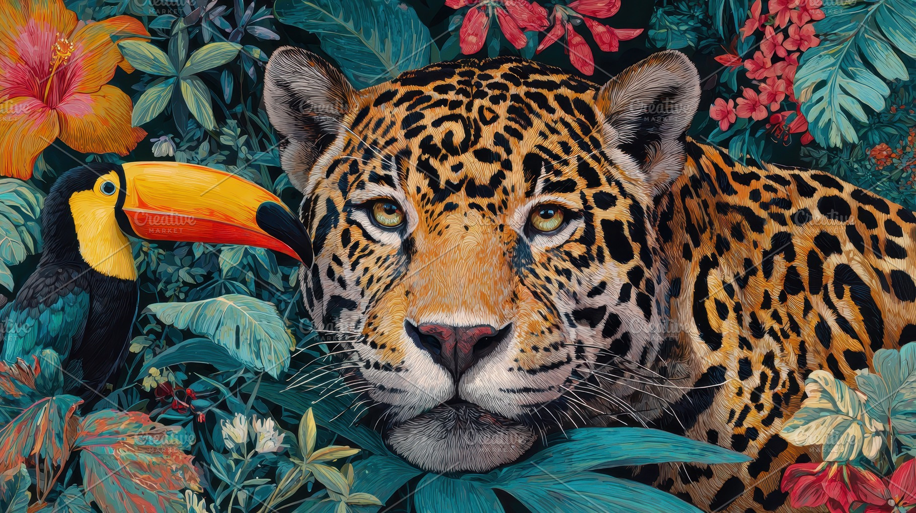 A jaguar rests among green leaves, a Photo by Pavel_design