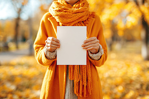 Individual holds blank vertical poster in a vibrant autumn park setting with co, a Photo by AlyaAnd