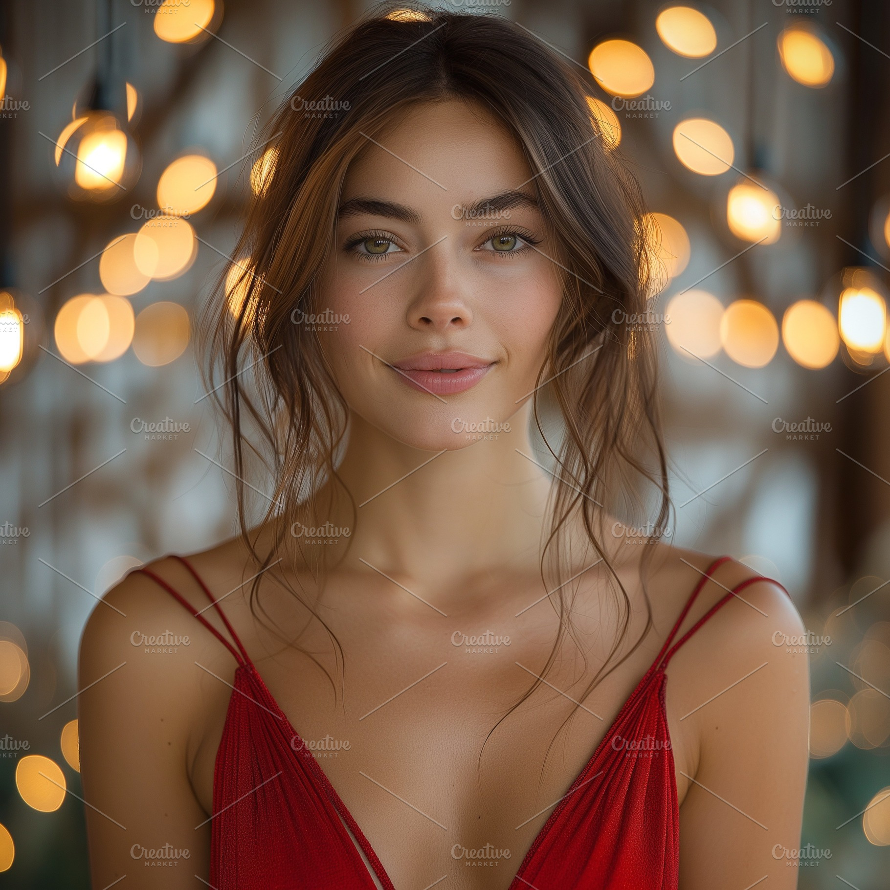 A young woman with long brown hair and striking green eyes smiles softly in a r, a Person Photo by ImageMir