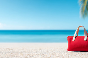 Red beach bag rests on the sand, a Holiday Photo by MistyDay