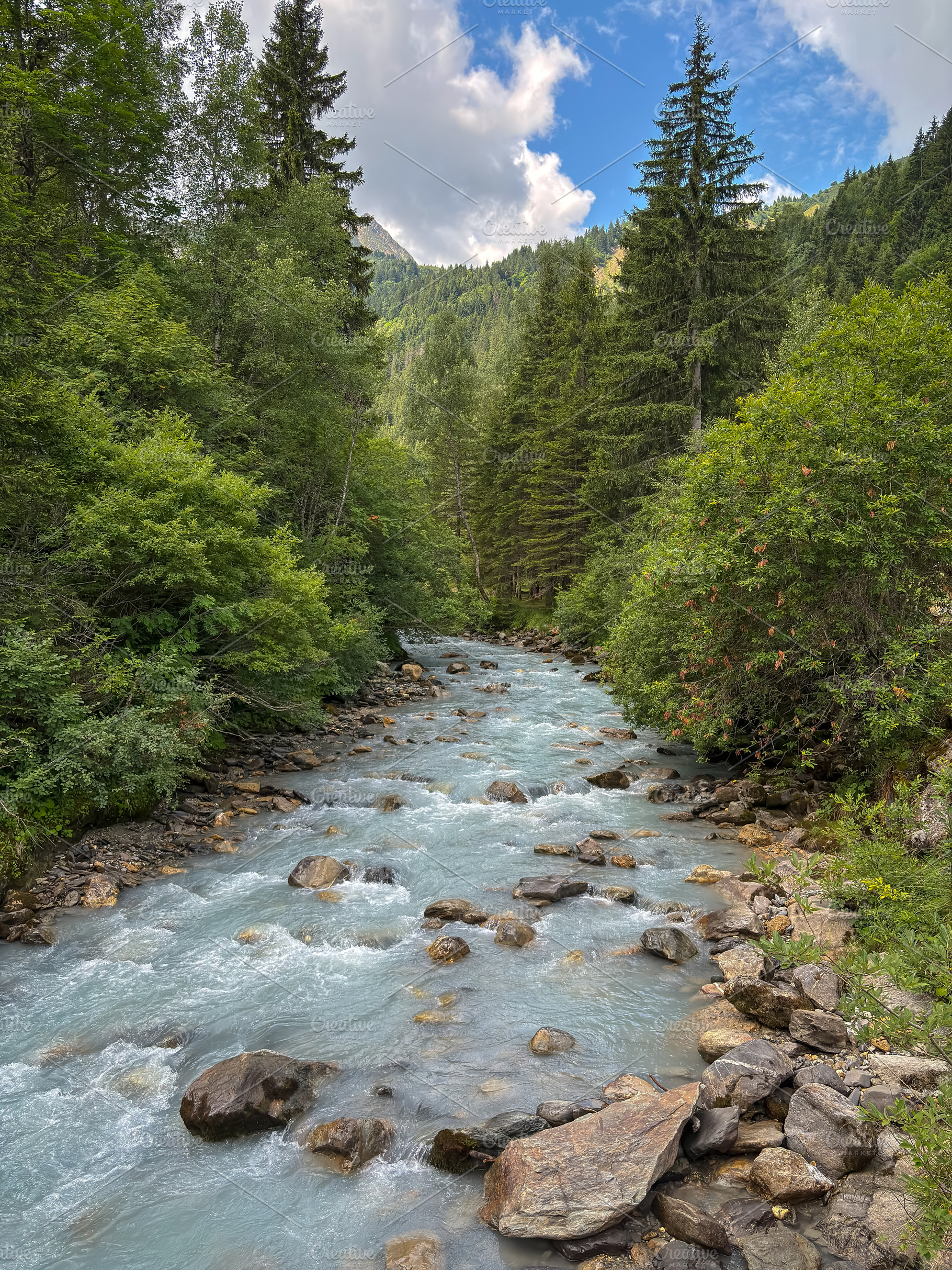 Alpine river flowing through forest in Les Contamines-Montjoie,, a Nature Photo by GoodGoods