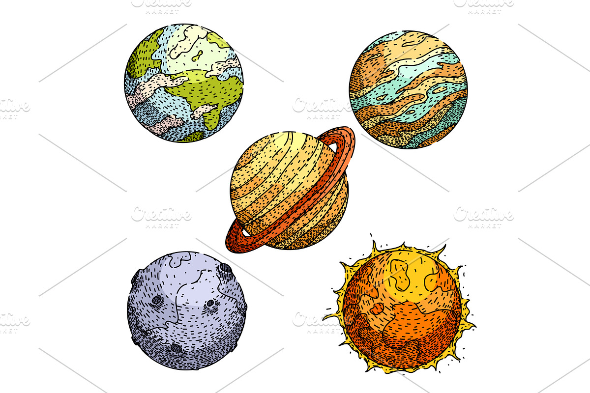 planet set sketch hand drawn vector, an Animal Illustration by pikepicture