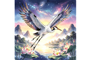 Crane and Lotus Illustration, an Animal Illustration by Sharon Schwalbe (Thumbnail 2 of 4)