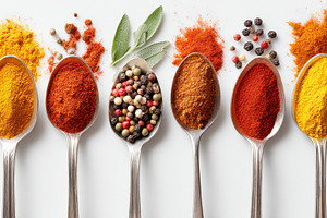 Colorful spices in silver spoons on white background, a Food & Drink Photo by AlyaAnd