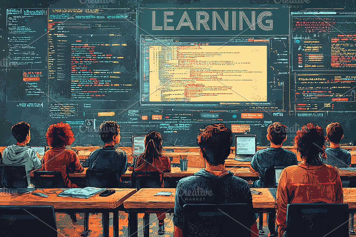 Students in a classroom learning computer programming and software development, an Illustration by AS photostudio