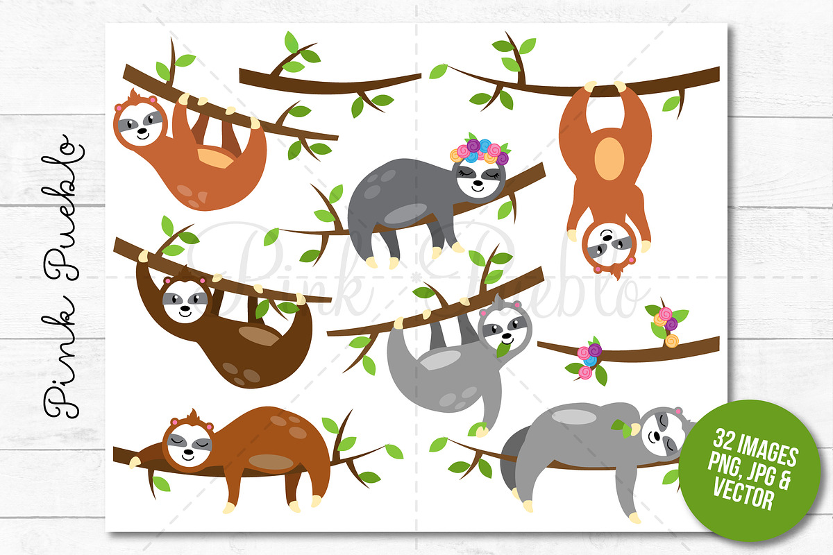 Cute Sloth Clipart and Vectors, an Illustration by PinkPueblo (Photo 2 of 3)