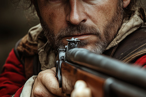 A close-up of a rugged man in historical attire, aiming a rifle with intense fo, a Person Photo by Textures & Backgrounds