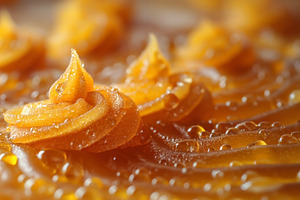 Close-up of delicate orange frosting swirls adorned with shimmer, a Food & Drink Photo by ImageMir