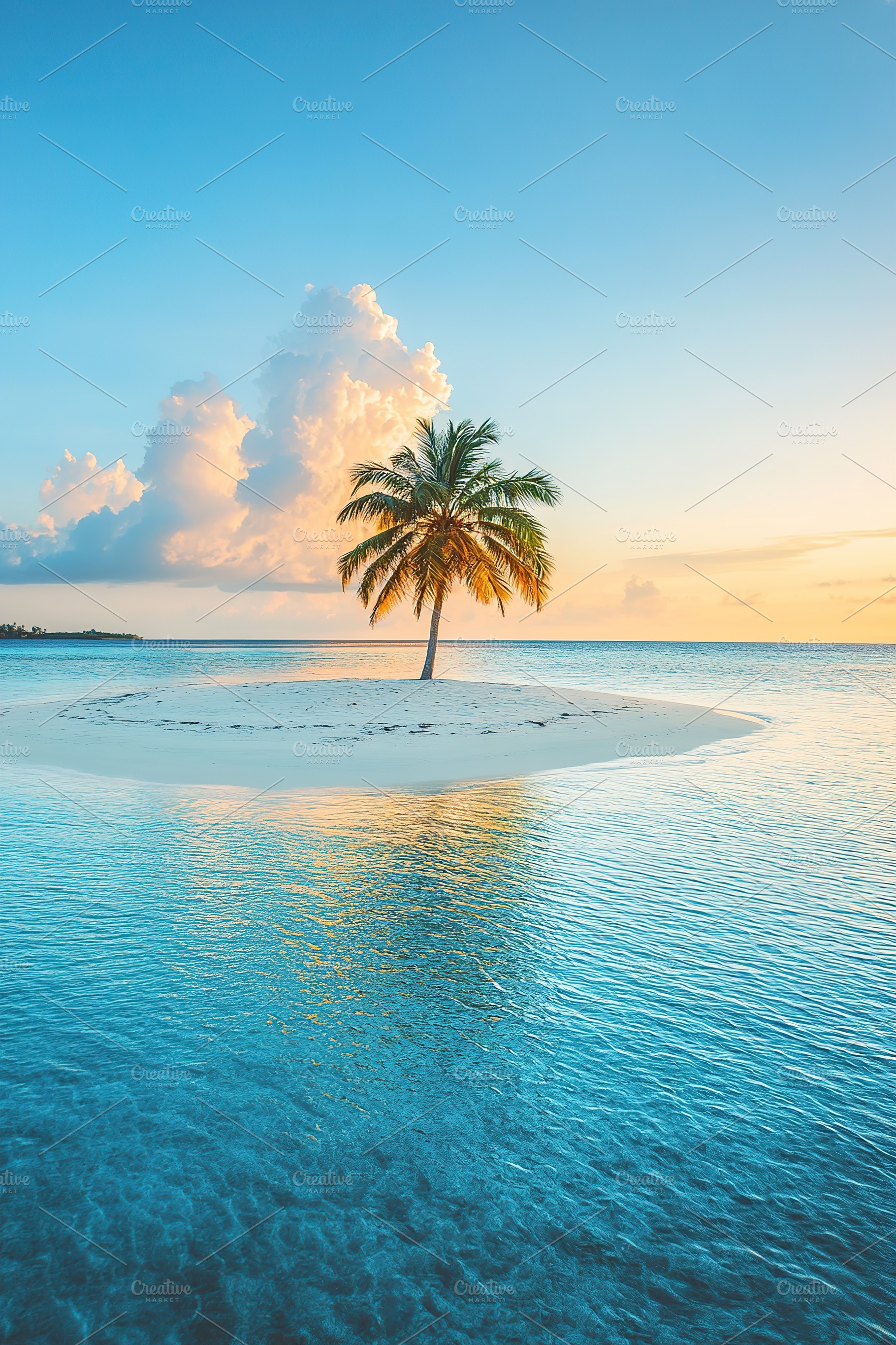 Serene island sunset with a lone palm tree in calm waters under the sky, a Nature Photo by AlyaAnd