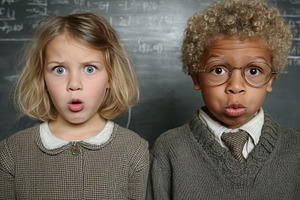 Surprised school kids portrait of two children in a classroom wearing vintage s, a Photo by AS photostudio