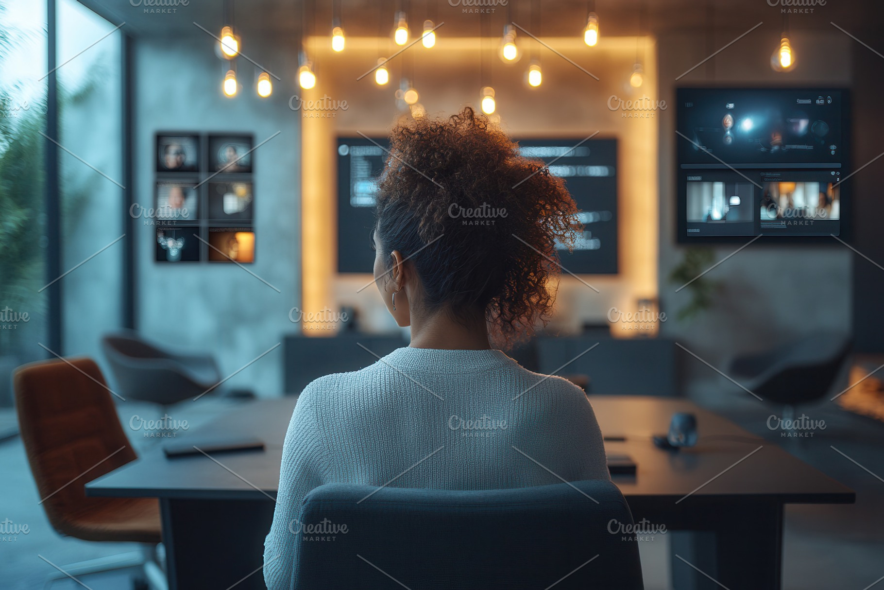 Woman in a modern workspace engaged, a Photo by Tanuart