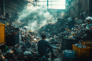 A person recycling technologist sitting amidst a large pile of garbage in an in, a Person Photo by Textures & Backgrounds