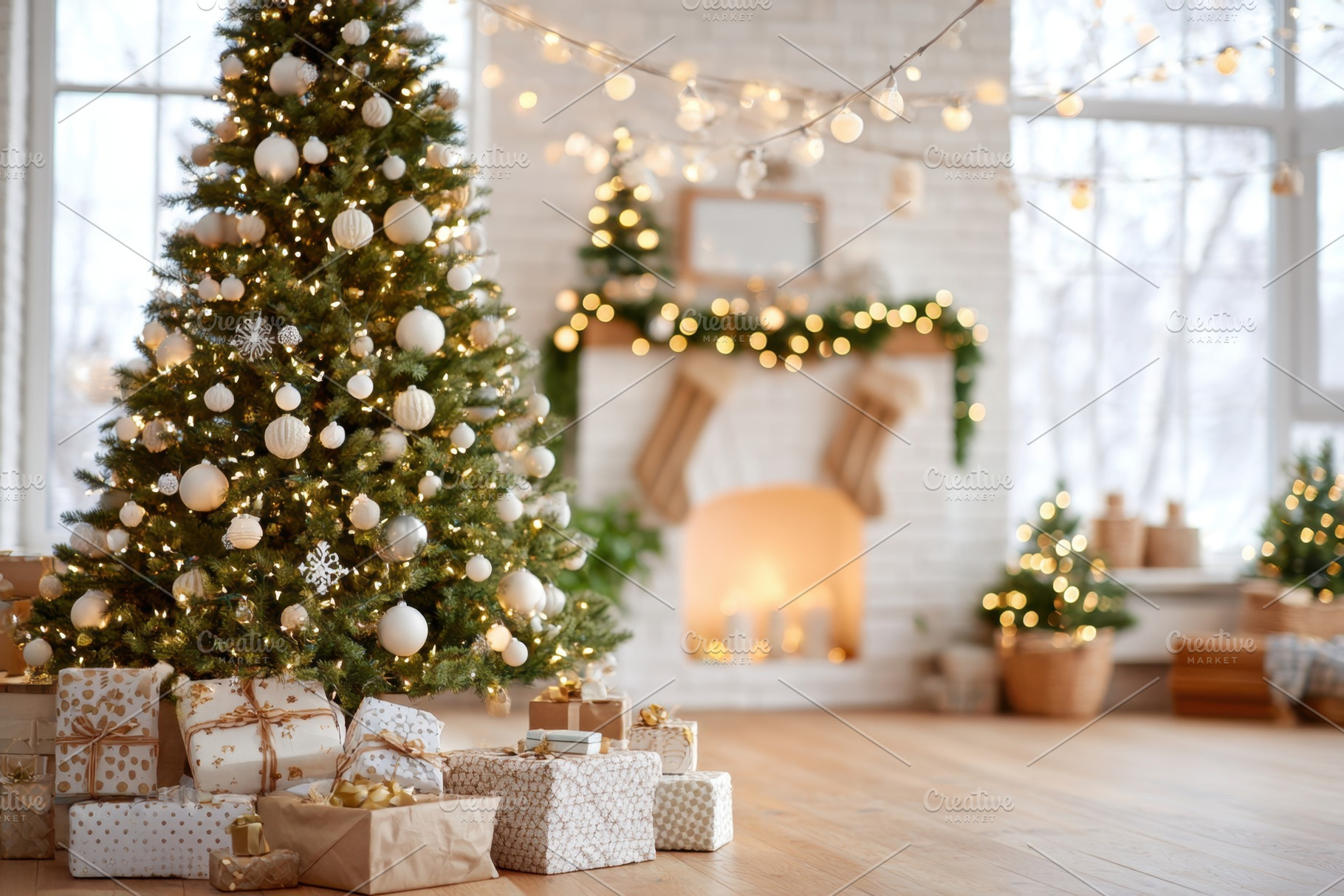 Cozy christmas living room with decorated tree and gifts, a Holiday Photo by AlyaAnd