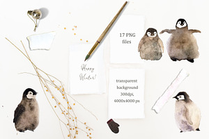 Cute penguins chicks watercolor set.