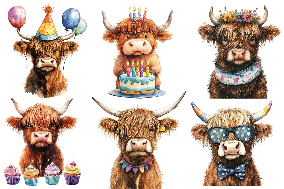 Birthday Highland Cow Clipart, an Illustration by Designworld (Photo 3 of 8)