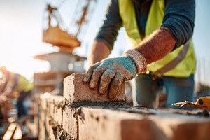 Construction workers are building a brick wall with mortar, focusing on precisi, an Architecture Photo by AlyaAnd