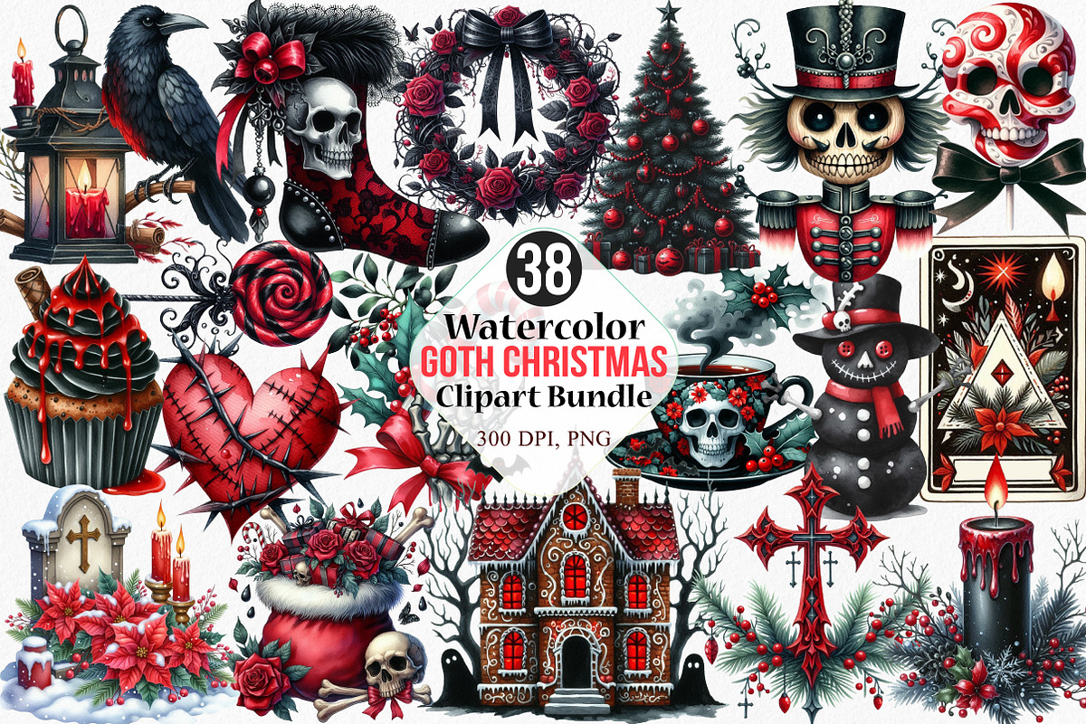 Watercolor Goth Christmas Clipart, an Illustration by Canvas Craft (Photo 1 of 8)