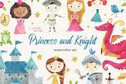 Princess & Knight Watercolor Clipart, a Decorative Illustration by LeMagiqueBoutique (Thumbnail 1 of 7)