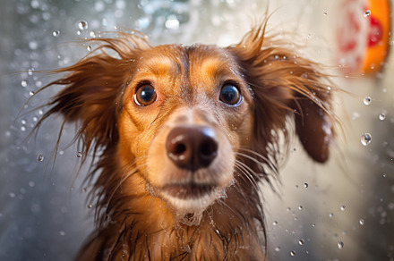 Dog taking a bath with shampoo. Generative AI, an Animal Photo by AlyaAnd