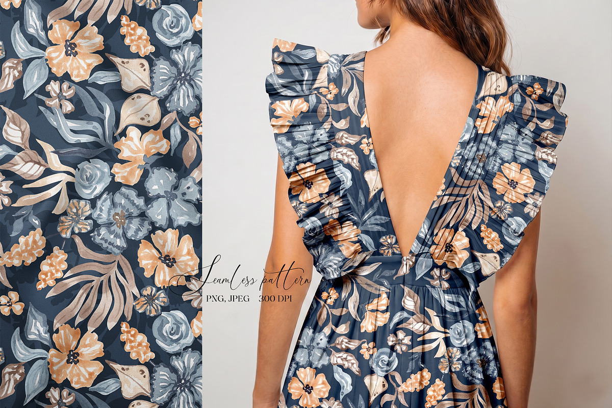 Navy Watercolor Floral Pattern, a Pattern Graphic by SirenaArt (Photo 7 of 12)