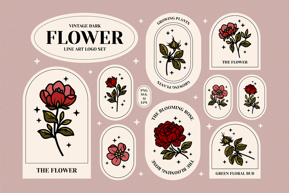 Vintage Dark Flower Lineart Logo Set, an Object Graphic by Artflorara (Photo 1 of 8)