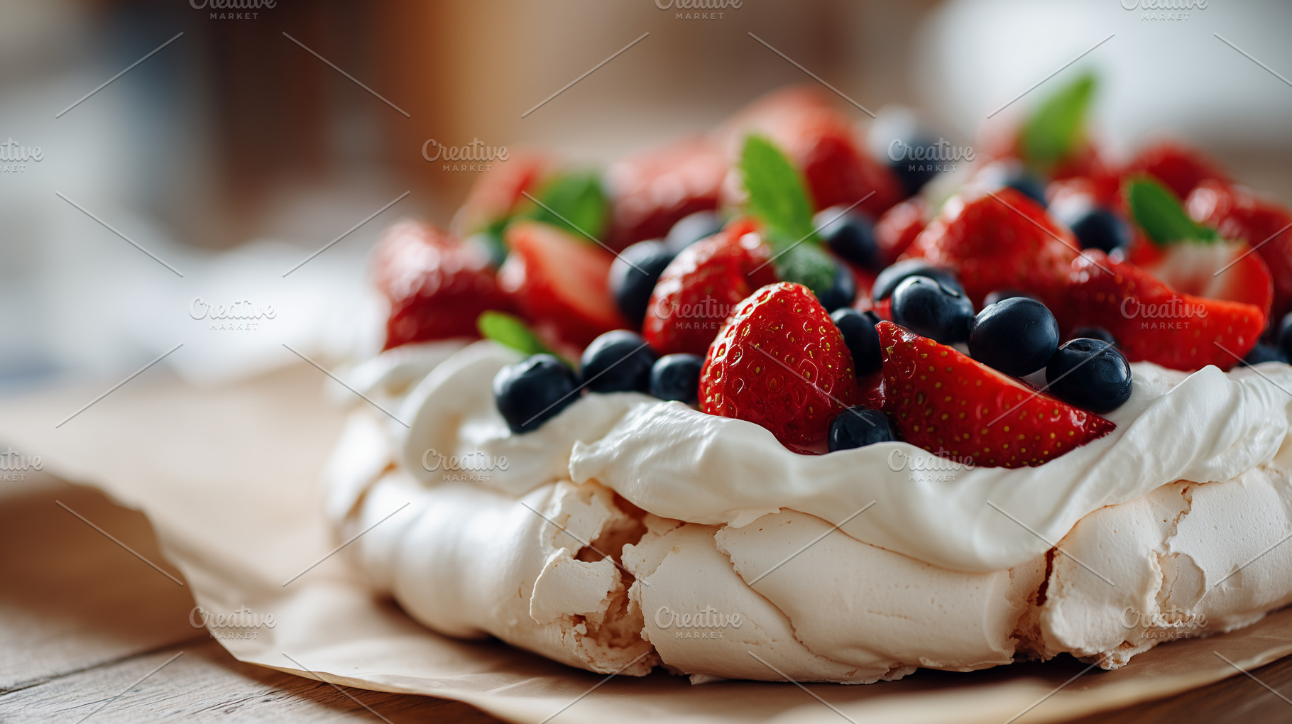 Homemade pavlova topped with fresh, a Food & Drink Photo by MistyDay