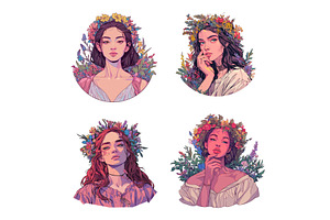 Cartoon Girls With Flower Wreaths