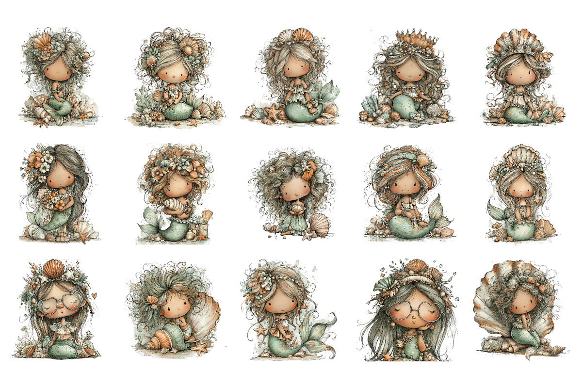 Whimsical summer mermaid clipart, an Illustration by SinaCreation (Photo 2 of 11)