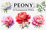 Peony Flower Watercolor Clipart, a Decorative Illustration by milkghost (Thumbnail 1 of 2)