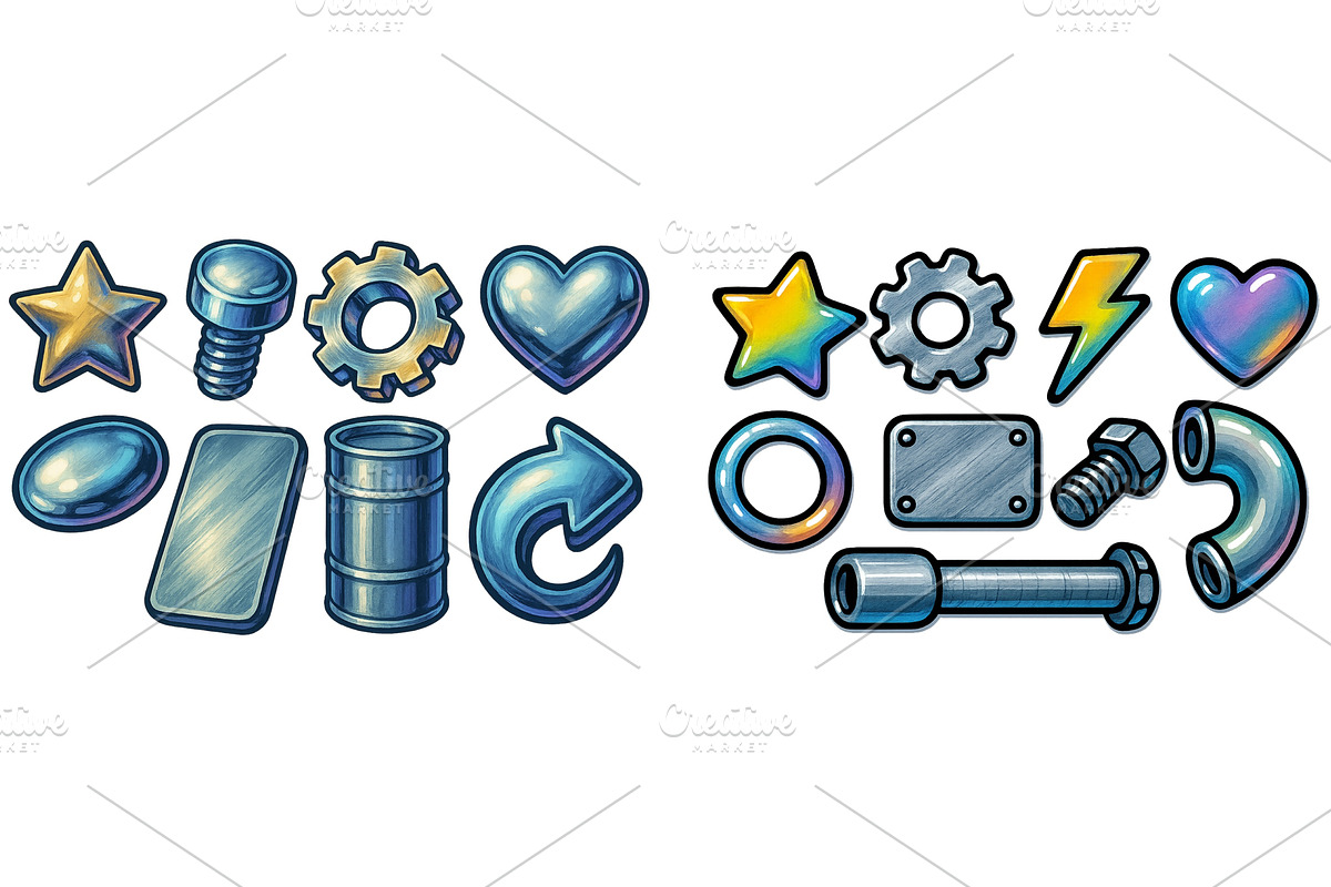 Collection of colorful metal shapes, an Illustration by ZinetroN