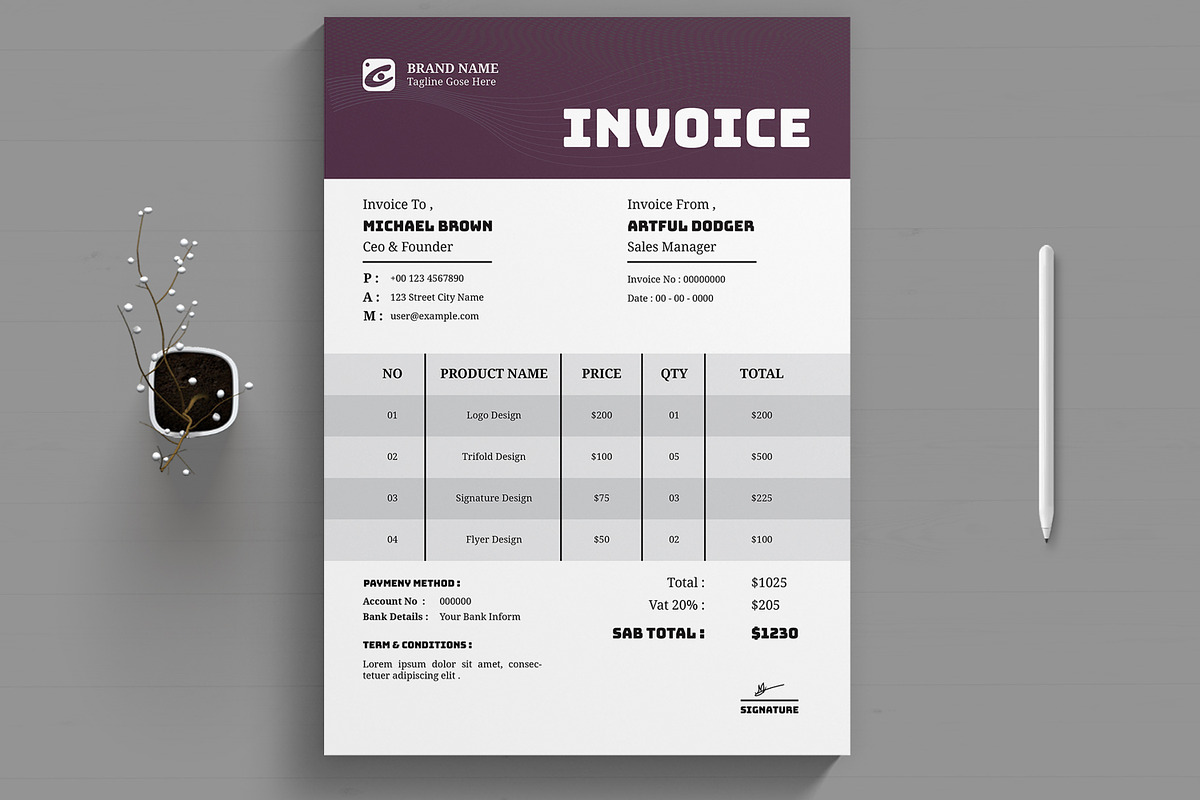 Simple Invoice Layout, a Stationery Template by MightyDesign (Photo 1 of 8)
