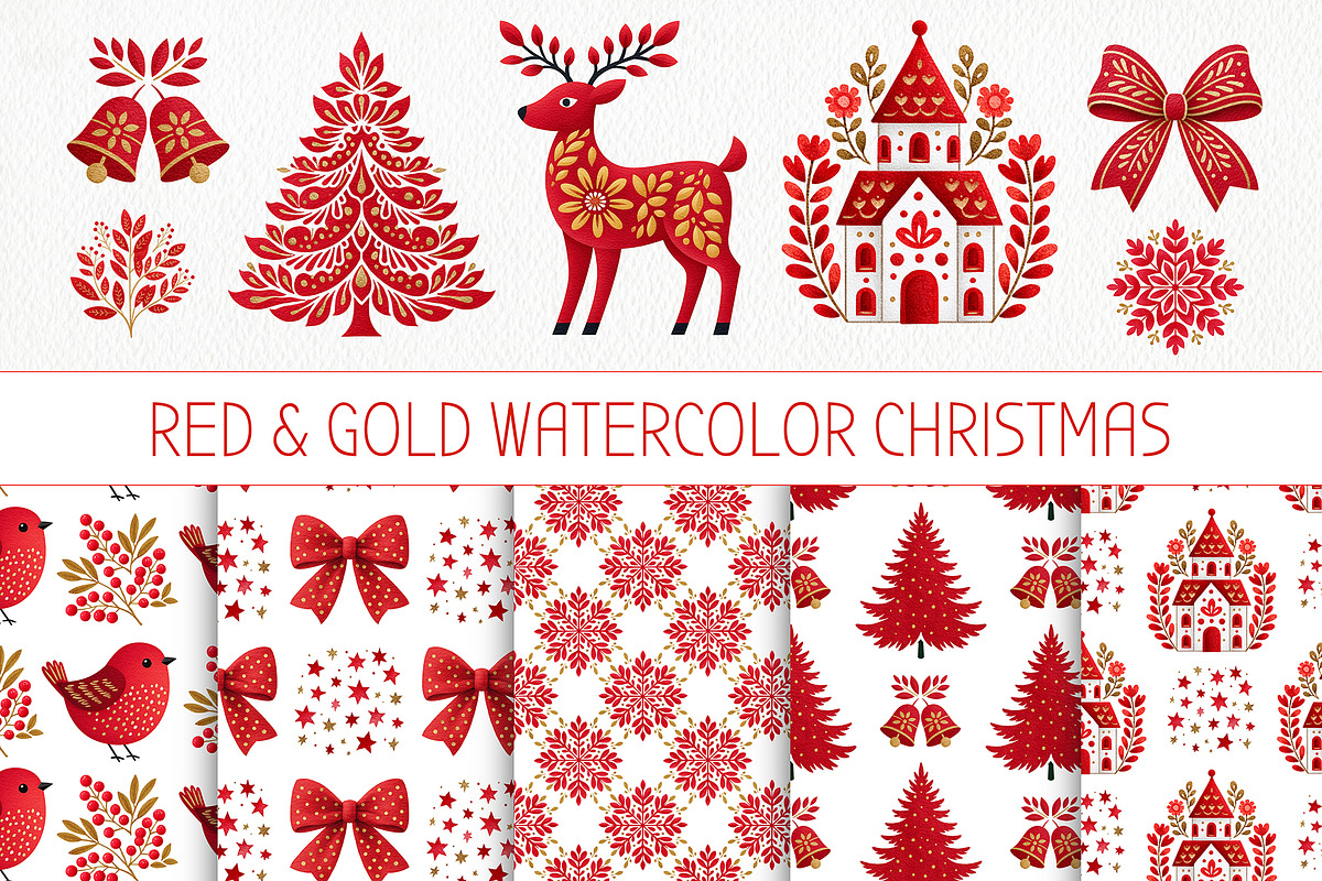 Red and Gold Watercolor Christmas, a Seasonal Illustration by ArtIrisArt (Photo 1 of 13)
