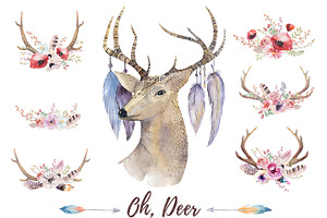 Watercolor Deer And Horns. Bohemian