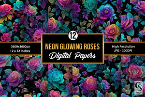 Neon Glowing Rose Flower Pattern, a Pattern Graphic by Creative Store