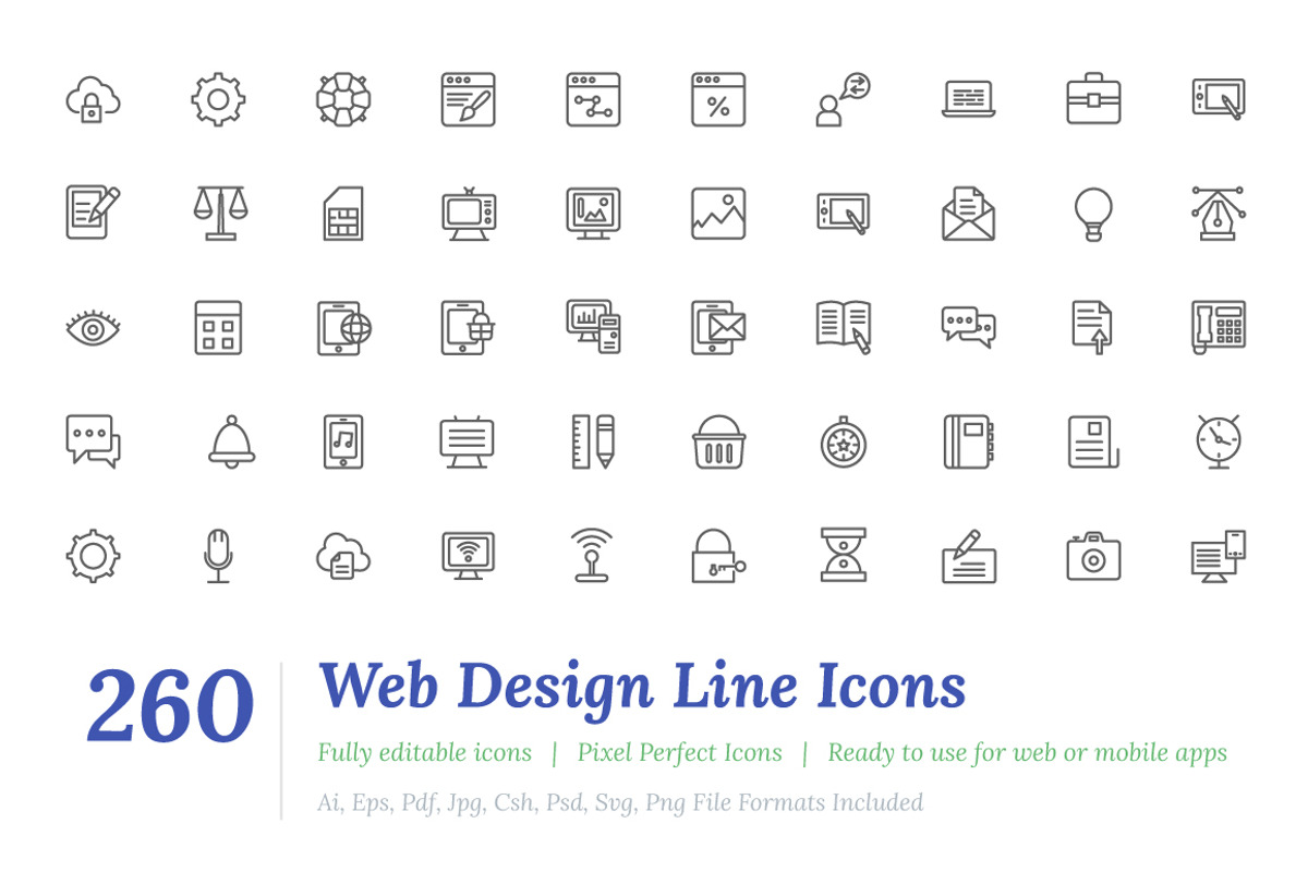 260 Web Design Line Icons, an Outline Icon by Vectors Market (Photo 1 of 4)