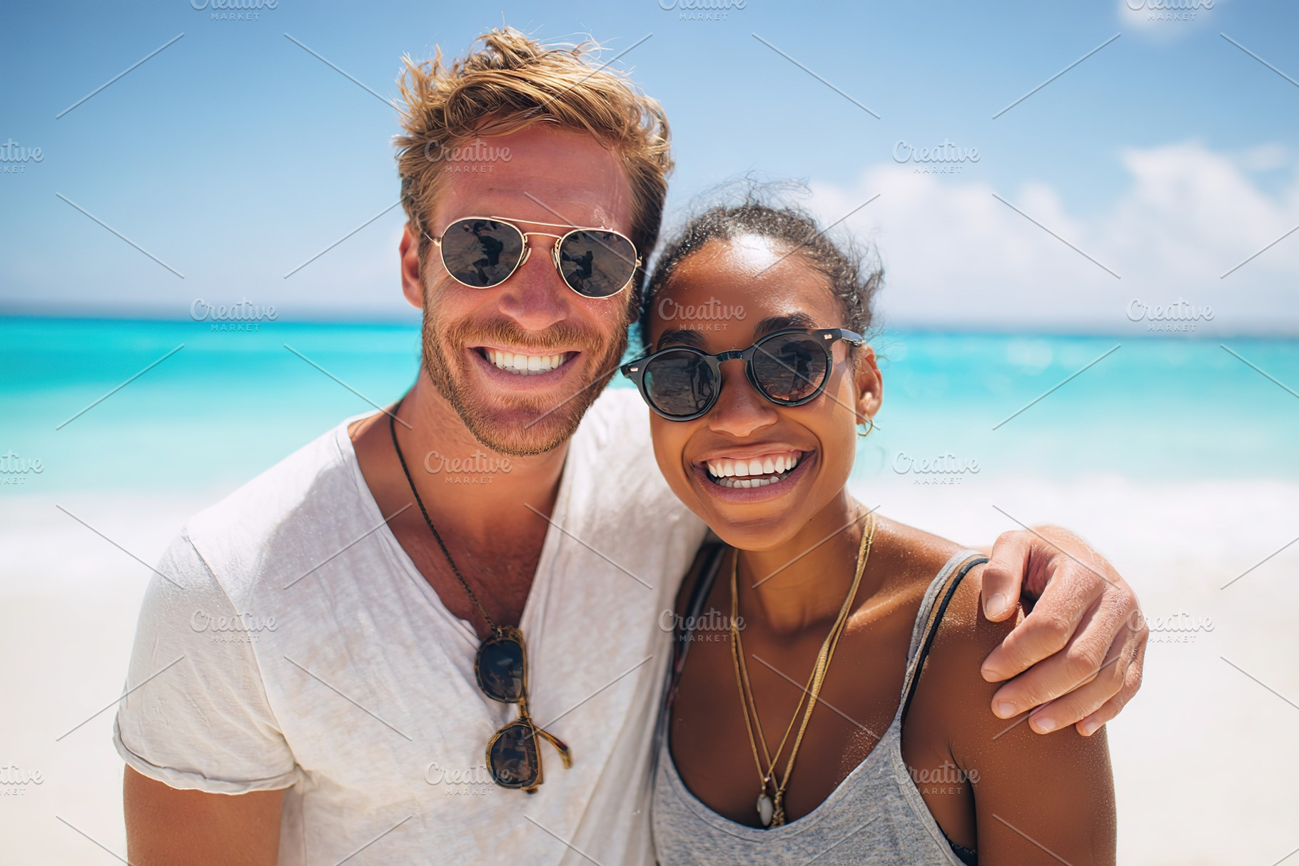 Happy couple enjoying a sunny day at the beach with clear blue waters in the ba, a Photo by AlyaAnd