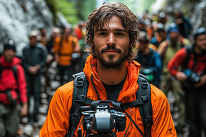 A online course producer group of hikers in a narrow canyon, with a waterfall i, a Person Photo by Textures & Backgrounds