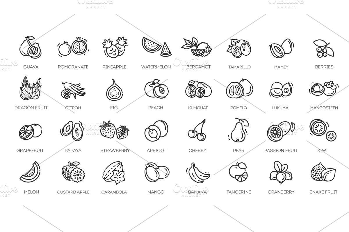Fruit Healthy eating icons set, an Outline Icon by Tettygreen (Photo 1 of 2)