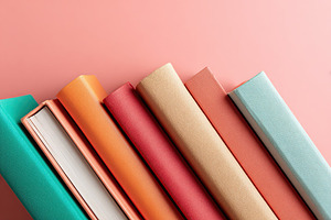 Flat lay of five closed books arranged in a colorful pattern on a pink backgrou, a Photo by AlyaAnd