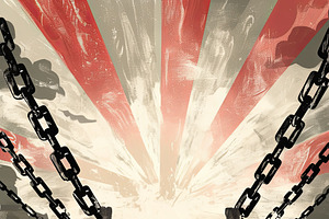 Man breaking chains with rising sun and flying banknotes, an Illustration by AS photostudio