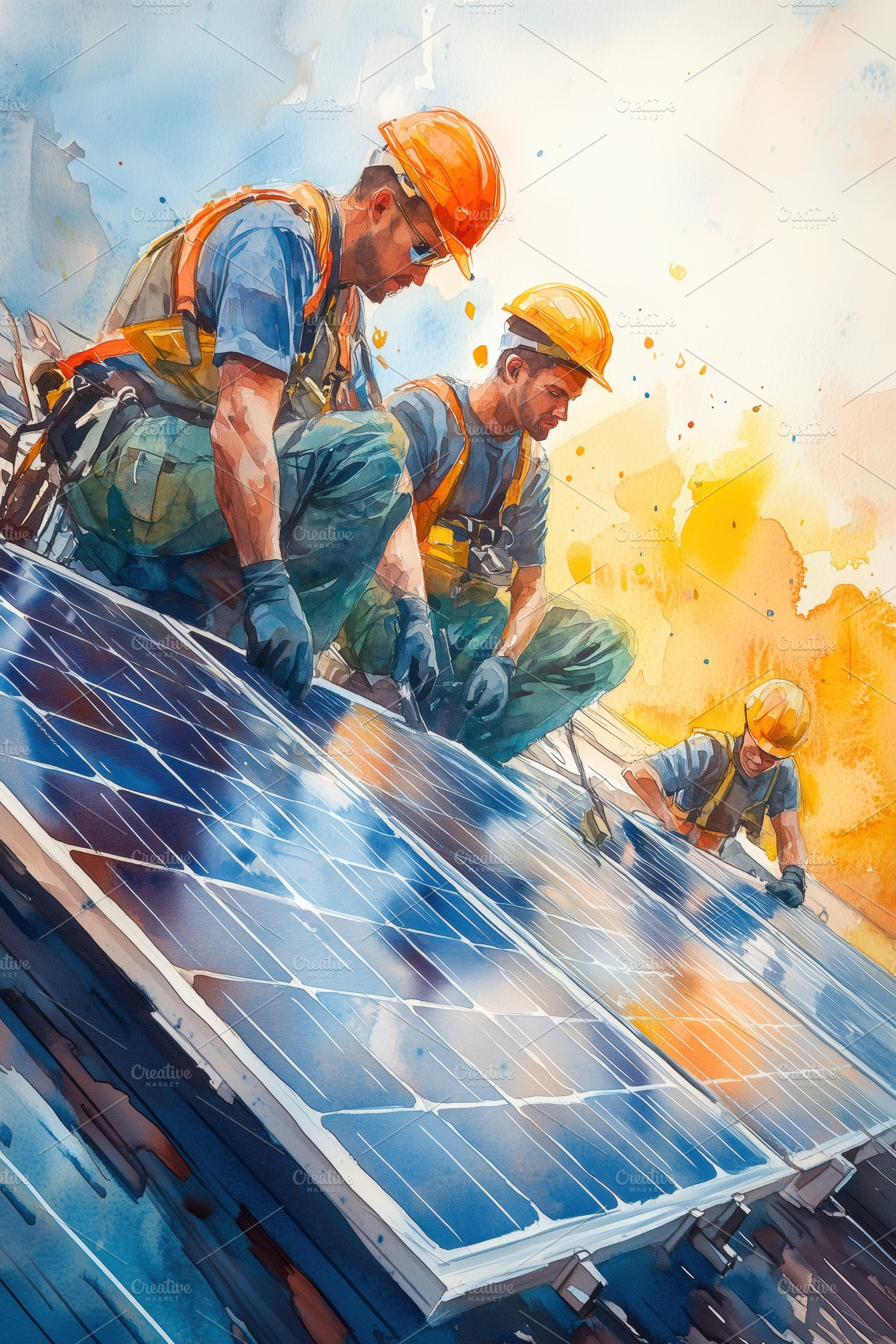 Three workers in hard hats installing solar panels on a roof, showcasing teamwo, a Technology Photo by Textures & Backgrounds