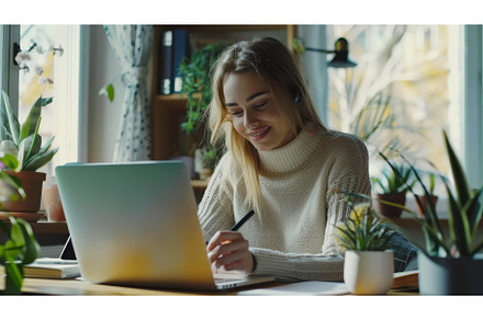 A smiling woman using a laptop and, a School & Education Photo by ZinetroN