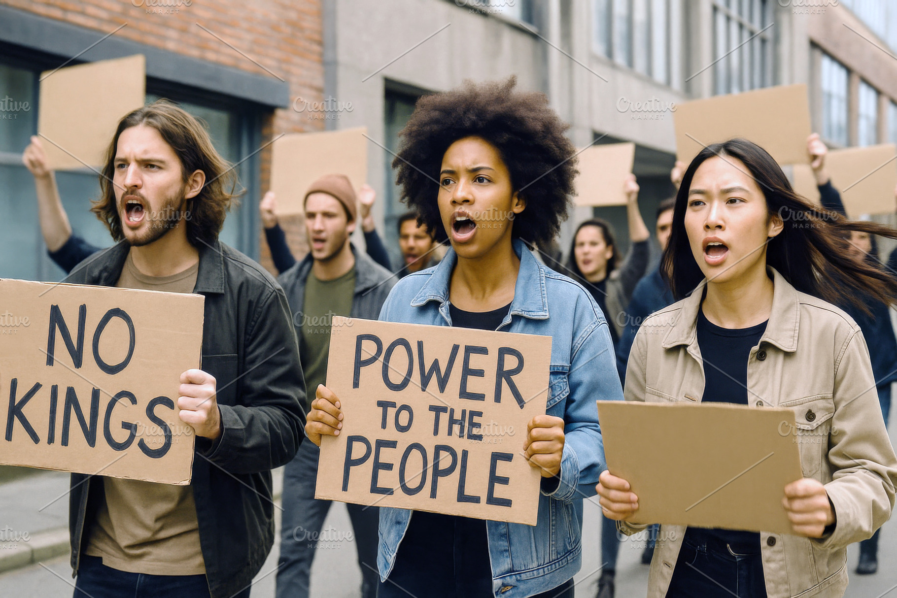 Protesters holding signs during a de, a Photo by Dvoevnore photos