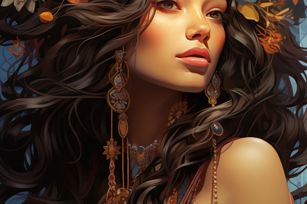 A beautiful bohemian woman with long, flowing black hair adorned with a vibrant, a Beauty & Fashion Photo by Textures & Backgrounds