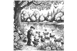 boy feeding ducks by riverside, a Person Illustration by AlexArt