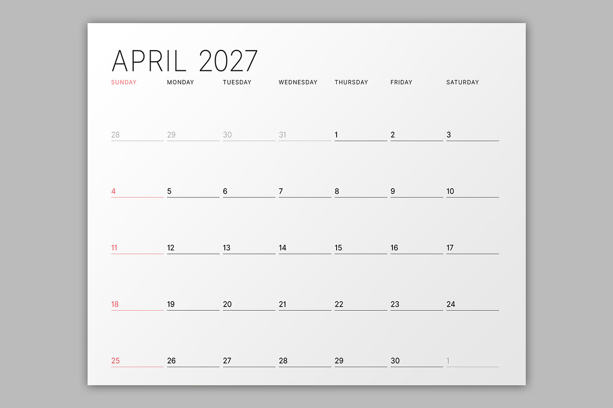 Minimalist Calendar 2027 (MP048-27S), a Stationery Template by mikhailmorosin (Photo 3 of 6)