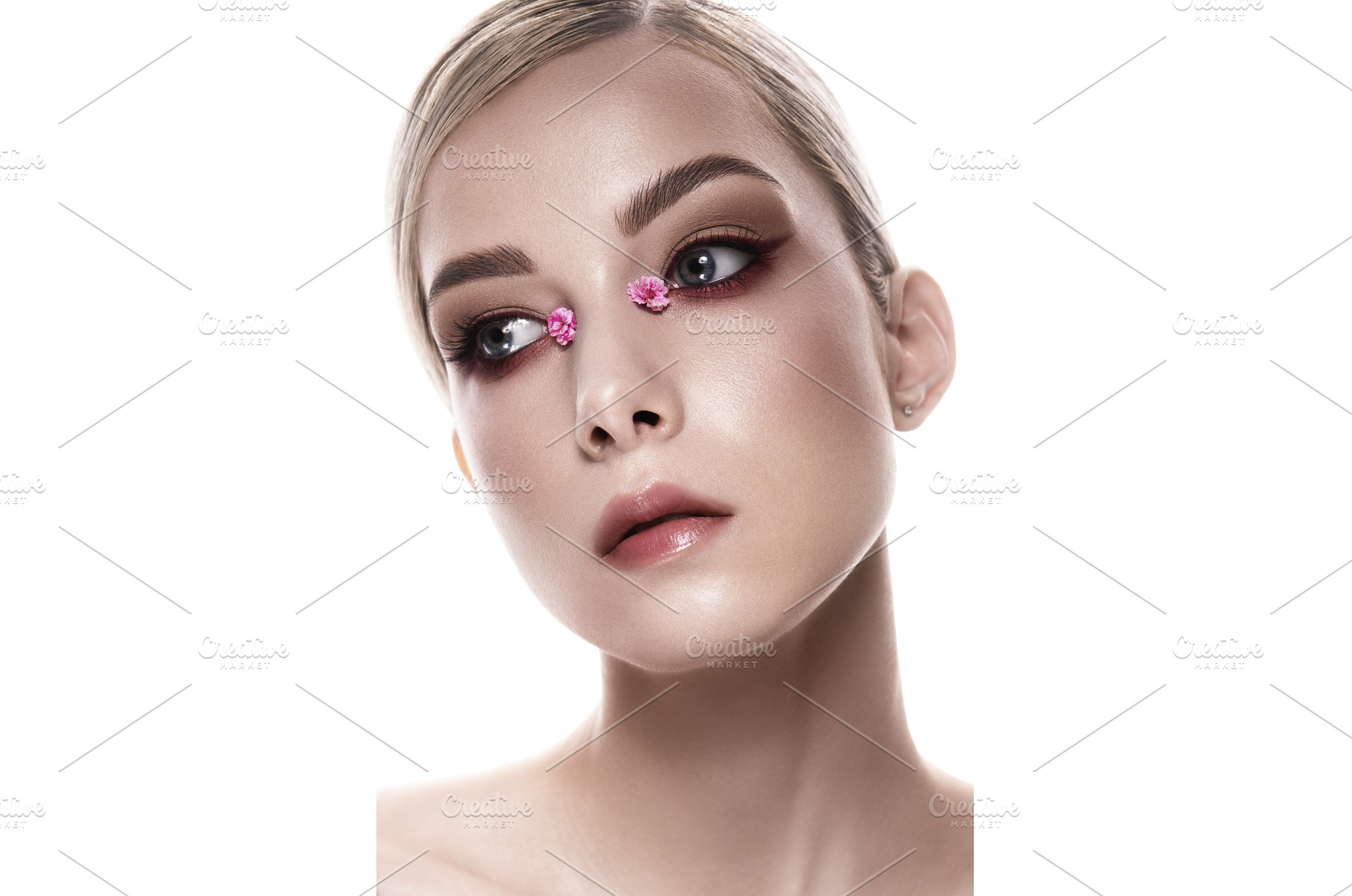 A womans face closeup with pink, a Beauty & Fashion Photo by korabkova