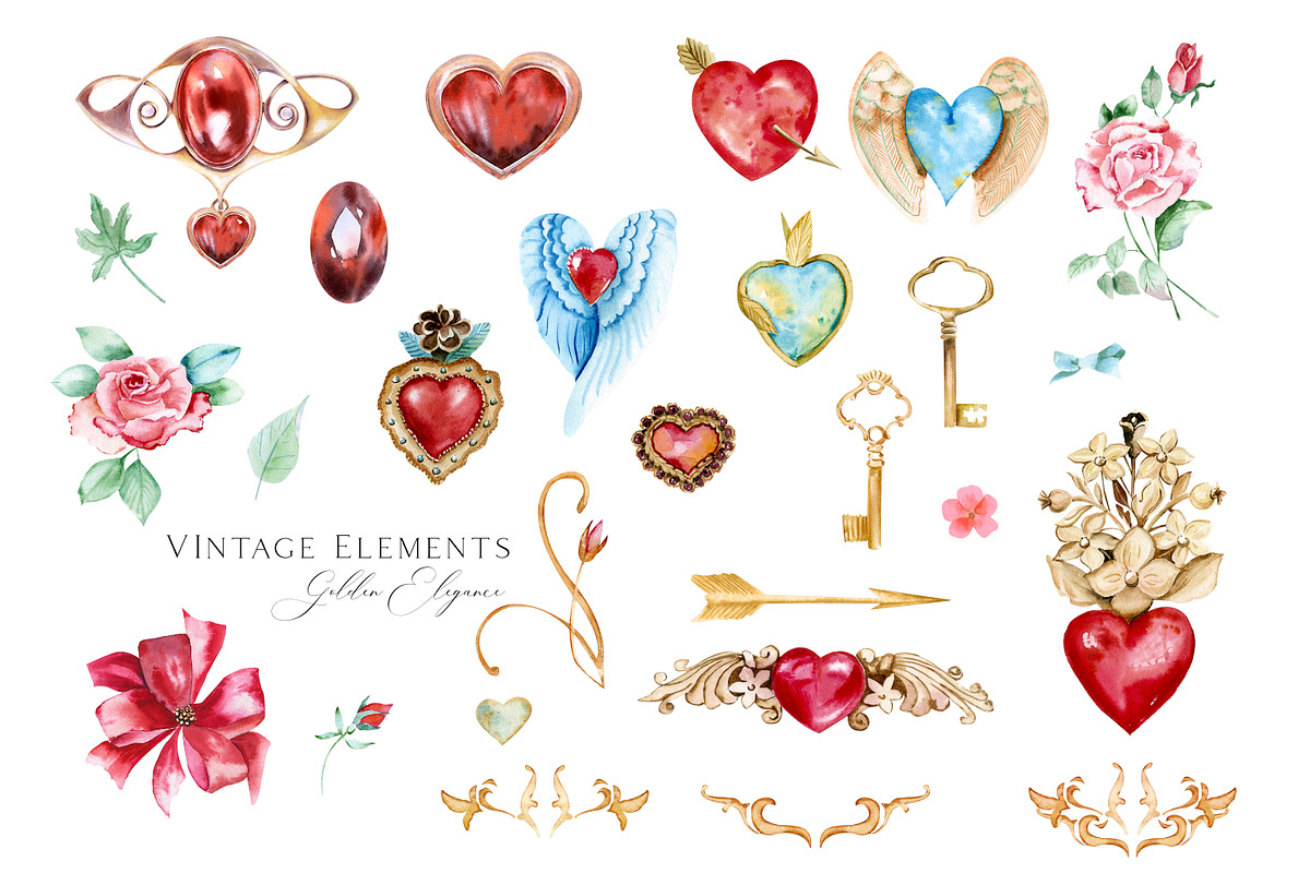 Golden Vintage Hearts Jewellery, a Decorative Illustration by Olga Koelsch (Photo 3 of 7)