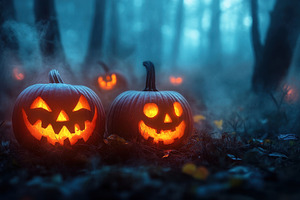 Carved Halloween pumpkins glowing, a Photo by Pavel_design